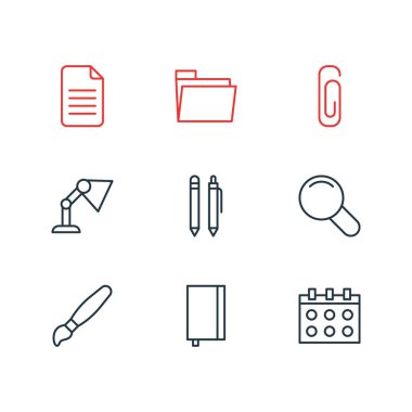 9 aletleri simgeler vektör Illustration. Ataç, defterini, dosya ve diğer öğeleri düzenlenebilir paketi.