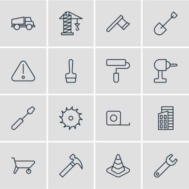 16 sanayi simgeler vektör Illustration. Düzenlenebilir paket tutamacı isabet, Spade, uyarı öğeleri.