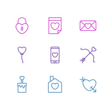 9 Amour simgeler vektör Illustration. Ok, ev, Sevgililer ve diğer öğeleri düzenlenebilir paketi.