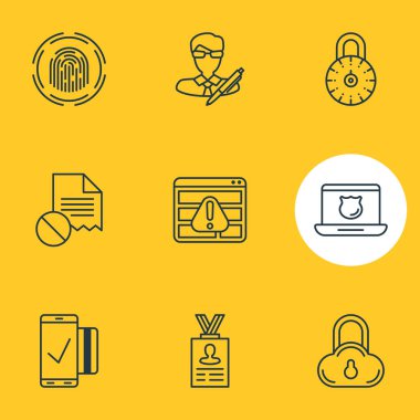 9 güvenlik simgeler vektör Illustration. Güvenli depolama, veri hatası, hesap verilerini ve diğer öğeleri düzenlenebilir paketi.