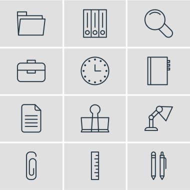 12 aletleri simgeler vektör Illustration. Işığı, bağlayıcı klibi, dosya ve diğer öğeleri düzenlenebilir sürüsü.