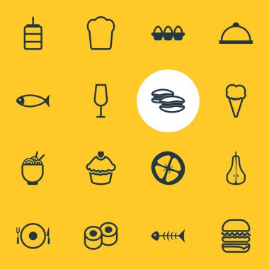 16 yeme simgeler vektör Illustration. Aşk elması, deniz ürünleri, hizmet ve diğer öğeleri düzenlenebilir paketi.