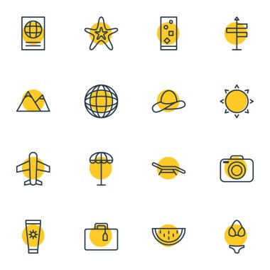 16 yaz simgeler vektör Illustration. Kavun, fotoğraf aparatları, şemsiye ve diğer öğeleri düzenlenebilir paketi.