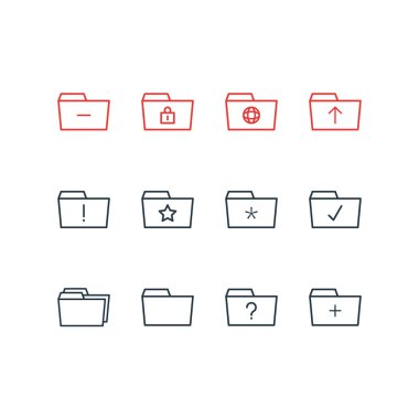 12 belge simgeler vektör Illustration. Önemli düzenlenebilir paketi, dosya, bitmiş ve diğer öğeleri.