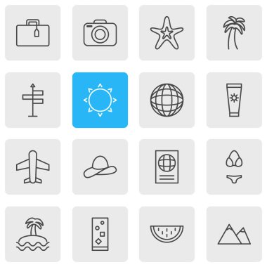 16 sezon simgeler vektör Illustration. Düzenlenebilir paket güneşli, kokteyl, palmiye ve diğer öğeleri.