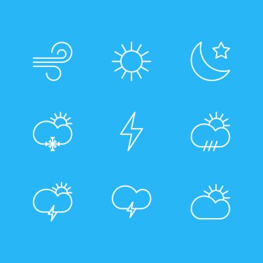 9 gökyüzü simgeler vektör Illustration. Kasırga, hilal, güneş ve diğer öğeleri düzenlenebilir paketi.