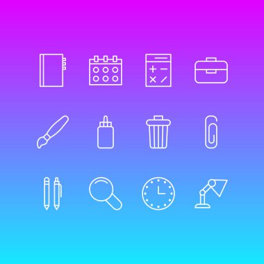 12 araçları simgeler vektör Illustration. Işığı, kalem, Tarih ve diğer öğeleri düzenlenebilir paketi.