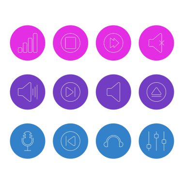 12 melodi simgeler vektör Illustration. Önceki, Duraklat, sessiz ve diğer öğeleri düzenlenebilir paketi.