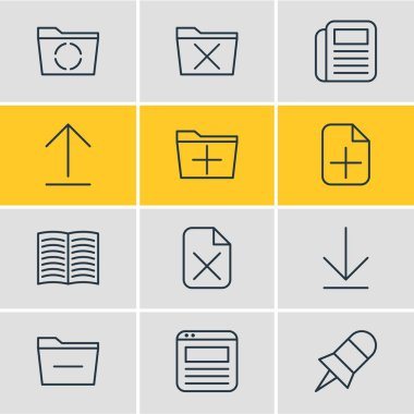 12 çalışma alanı simgeler vektör Illustration. Klasör, sayfası, silinmesinin düzenlenebilir paketi eklemek ve diğer öğeleri.