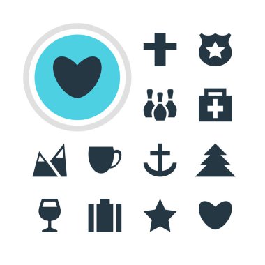 12 seyahat simgeler vektör Illustration. Bardağı, evrak çantası, yer imi ve diğer öğeleri düzenlenebilir paketi.