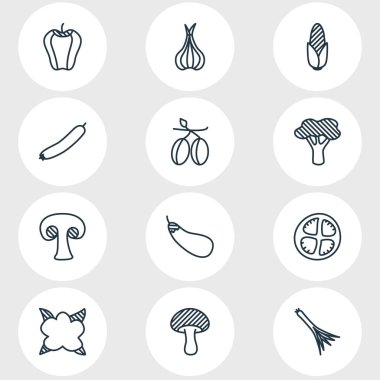 12 gıda simgeler vektör Illustration. Mantar, domates dilim, Akdeniz ve diğer öğeleri düzenlenebilir sürüsü.