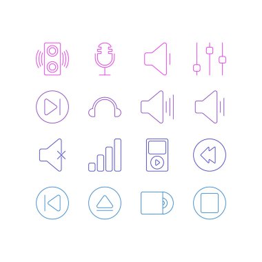 16 Müzik simgeler vektör Illustration. Geri sarma, sabitleyici, sonraki ve diğer öğeleri düzenlenebilir paketi.