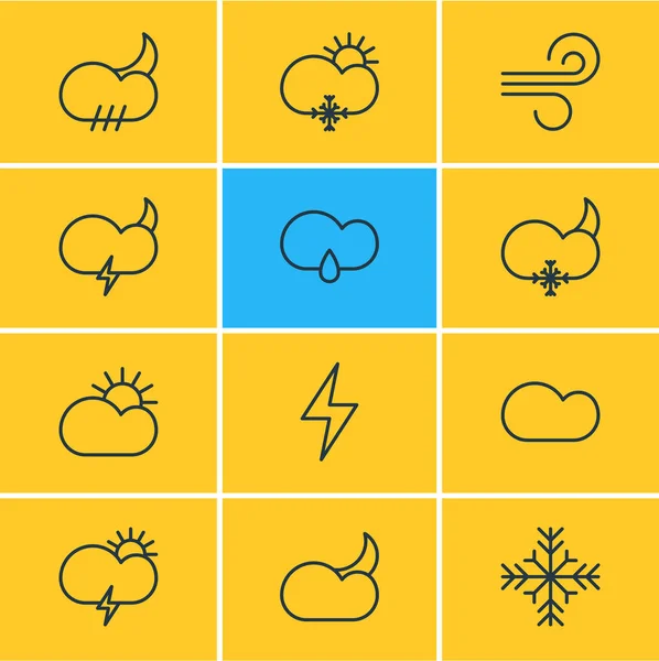 Vectorillustratie van 12 Sky pictogrammen. Bewerkbare Pack van Weather, Snow, bliksem en andere elementen. — Stockvector