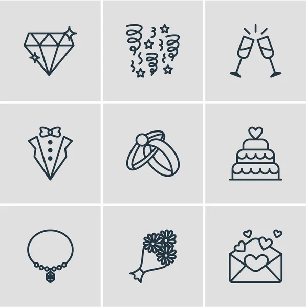 Illustration vectorielle de 9 icônes de fiançailles. Pack modifiable de carte, décoration, verre à vin et autres éléments . — Image vectorielle