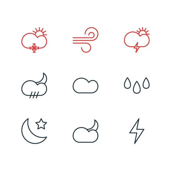 Ilustracja wektorowa 9 ikon atmosferę. Edytowalne Pack kroplówki, bryza, księżyc miesiąc i innych elementów. — Wektor stockowy