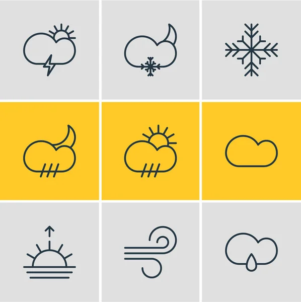 Ilustración vectorial de 9 iconos de la atmósfera. Paquete editable de nube, copo de nieve, tormenta de viento y otros elementos . — Vector de stock