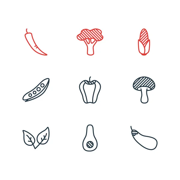 Ilustración vectorial de 9 iconos de la comida. Paquete editable de berenjena, legume, maíz y otros elementos . — Vector de stock