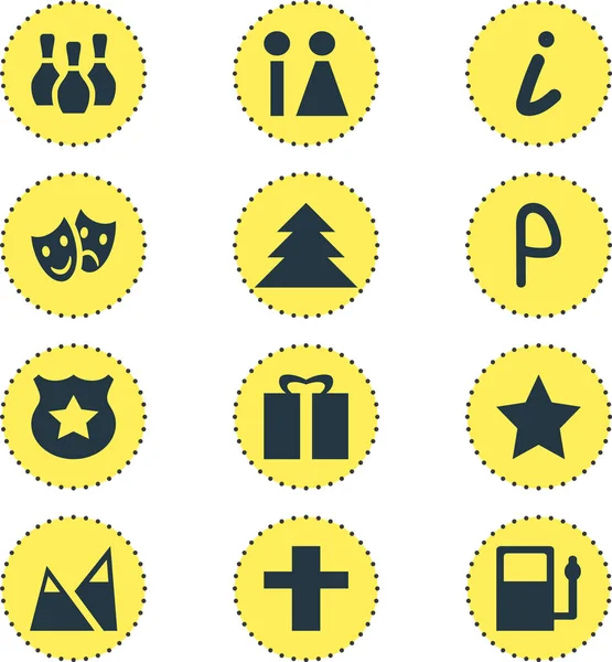 12 yerde simgeler vektör Illustration. Polis, cips, harita bilgi ve diğer öğeleri düzenlenebilir paketi.