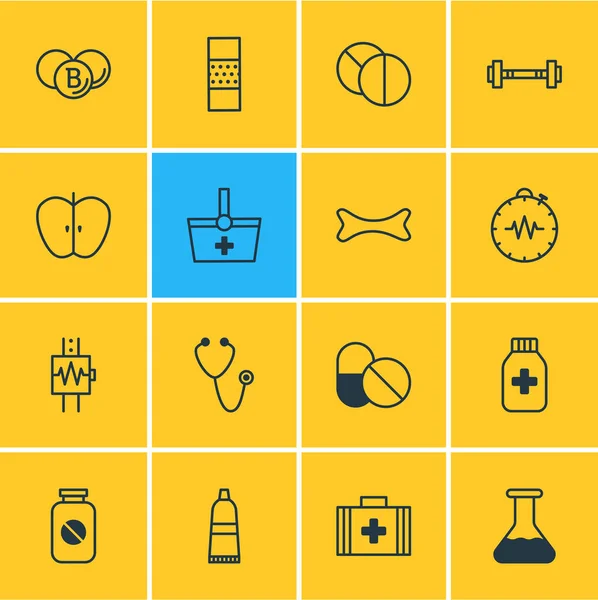 Illustration vectorielle de 16 icônes de la médecine. Pack modifiable de fruits frais, haltère, analgésique et autres éléments . — Image vectorielle