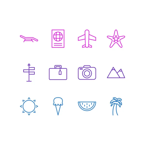 Illustrazione vettoriale di 12 icone della stagione. Pacchetto modificabile di aeroplano, certificato, valigia e altri elementi . — Vettoriale Stock