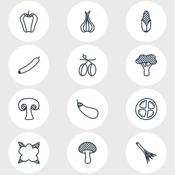 Ilustración vectorial de 12 iconos de la comida. Paquete editable de champiñones, rodajas de tomate, mediterráneo y otros elementos . — Vector de stock