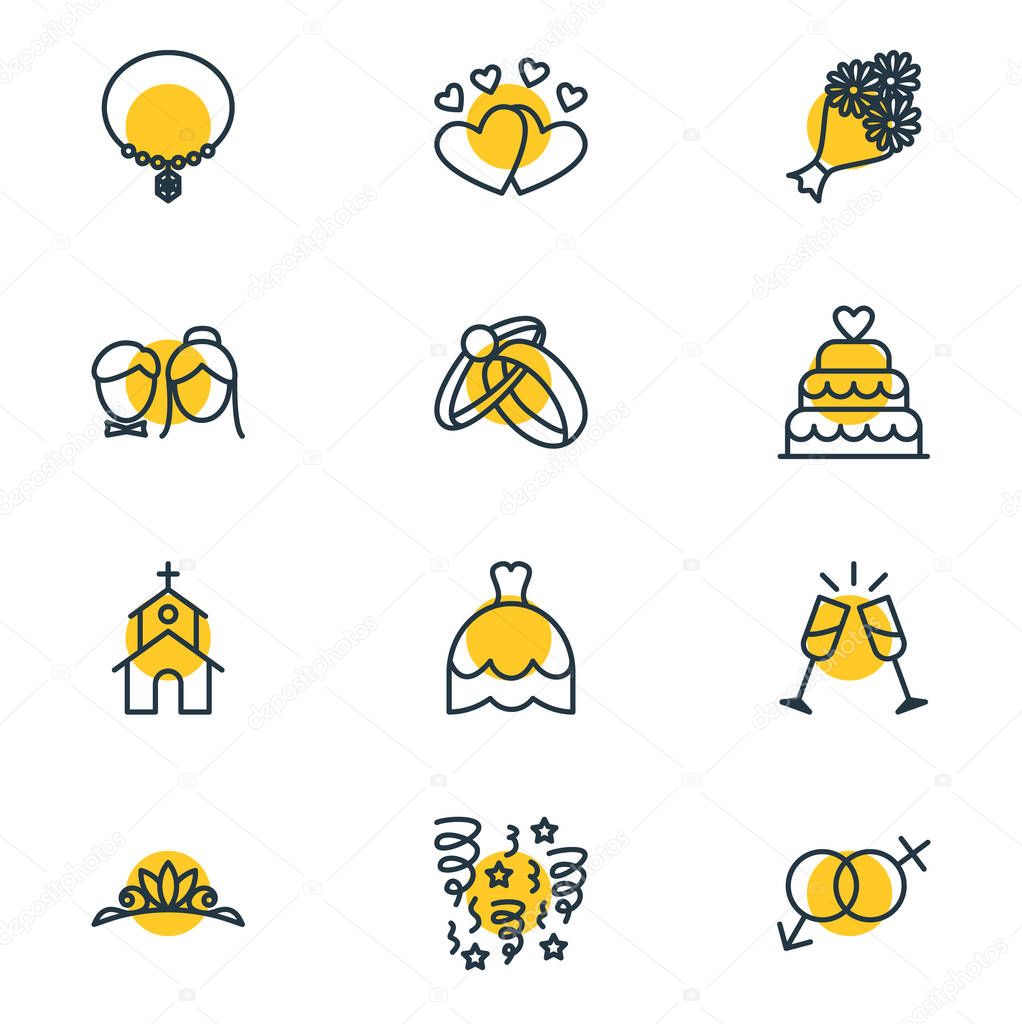Vector Illustration Of 12 Marriage Icons. Editable Pack Of Building, Patisserie, Engagement And Other Elements.