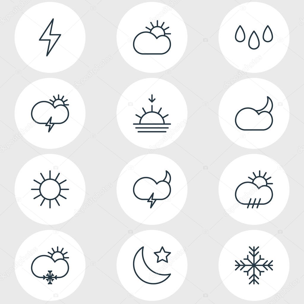 Vector Illustration Of 12 Sky Icons. Editable Pack Of Moon Month, Snow, Windstorm And Other Elements.
