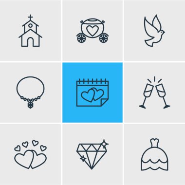 9 nişan simgeler vektör Illustration. Güvercin, parlak, takvim ve diğer öğeleri düzenlenebilir paketi.