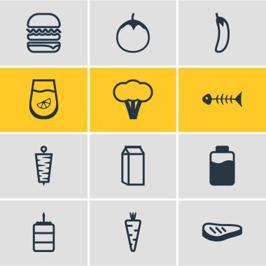 12 yemek simgeler vektör Illustration. Düzenlenebilir paket pamuk, patlıcan, döner ve diğer öğeleri.