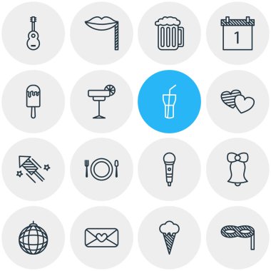 16 parti simgeler vektör Illustration. Düzenlenebilir paket dondurma, kalp mektup, alkolsüz içecek ve diğer öğeleri.