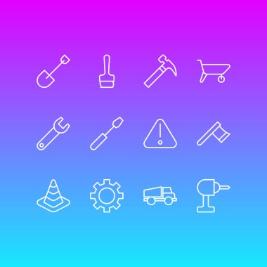 12 inşaat simgeler vektör Illustration. Dişli, boya fırçası, balta ve diğer öğeleri düzenlenebilir paketi.