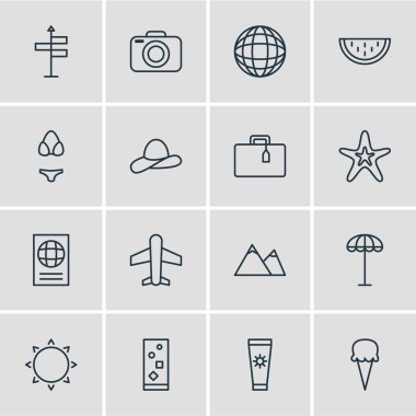 16 yaz simgeler vektör Illustration. Düzenlenebilir paket Anti-güneş kremi, Hill, sertifika ve diğer öğeleri.