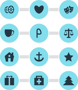 Check-In 12 simgeler vektör Illustration. Kalp, orman, otopark ve diğer öğeleri düzenlenebilir paketi.