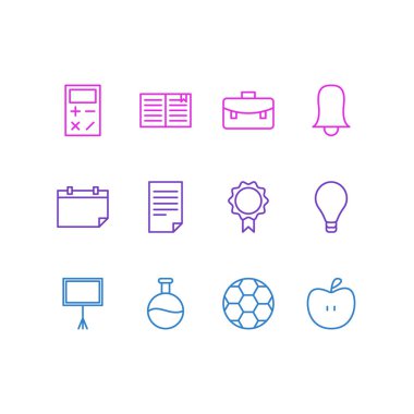 12 çalışmalar simgeler vektör Illustration. Ders kitabı, düzenlenebilir paket yazma tablo, tarihi ve diğer öğeleri.