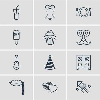 12 parti simgeler vektör Illustration. Meşrubat, Jingle, müzik aleti ve diğer öğeleri düzenlenebilir paketi.