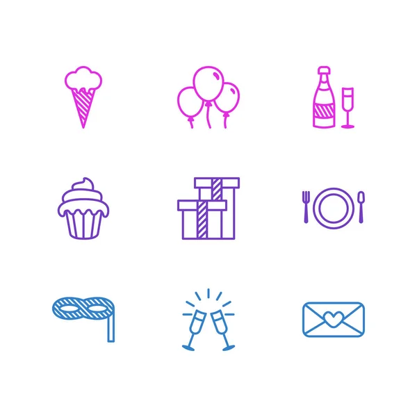 Ilustración vectorial de 9 iconos del partido. Paquete editable de magdalenas, cubiertos, pizza y otros elementos . — Archivo Imágenes Vectoriales