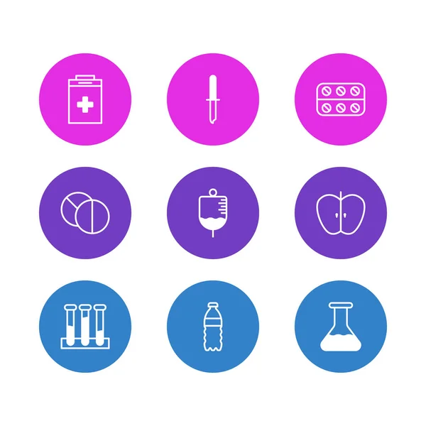 Illustration vectorielle de 9 icônes médicales. Pack modifiable de fruits frais, exigence, bouteille en plastique et autres éléments . — Image vectorielle