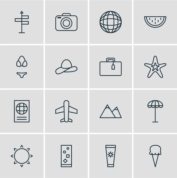 Ilustração vetorial de 16 ícones de verão. Pacote editável de creme anti-sol, colina, certificado e outros elementos . —  Vetores de Stock
