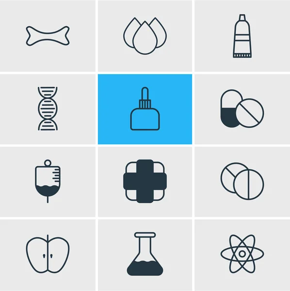 Ilustración vectorial de 12 iconos de la salud. Paquete editable de antibióticos, farmacéuticos, genoma y otros elementos . — Archivo Imágenes Vectoriales