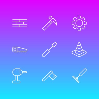 9 inşaat simgeler vektör Illustration. Dönüş vida, bariyer, dişli ve diğer öğeleri düzenlenebilir paketi.