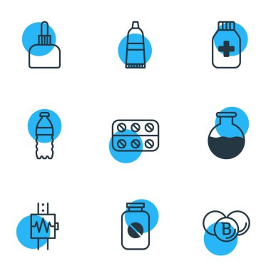 9 sağlık simgeler vektör Illustration. Düzenlenebilir paket hap, şişe, tıp kavanoz ve diğer öğeleri.
