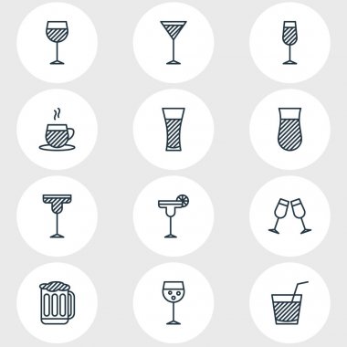 12 içecek simgeler vektör Illustration. İçki, kadehi, içecek ve diğer öğeleri düzenlenebilir paketi.