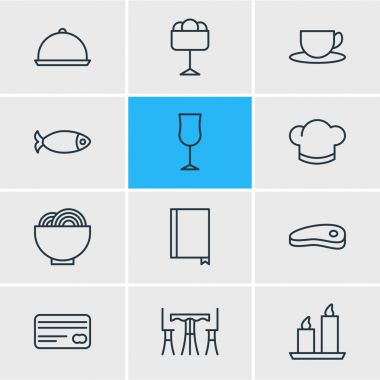 12 yeme simgeler vektör Illustration. Tepsi, tablo, bardağı ve diğer öğeleri düzenlenebilir paketi.