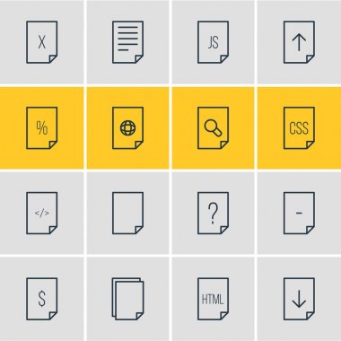 16 dosya simgeler vektör Illustration. Yüzde, belge, arama ve diğer öğeleri düzenlenebilir paketi.