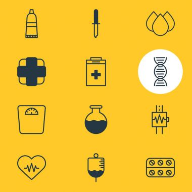 12 tıp simgeler vektör Illustration. Şişe, antikor, tüp ve diğer öğeleri düzenlenebilir sürüsü.