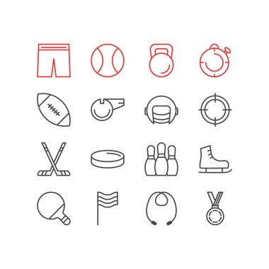 16 spor simgeler vektör Illustration. Racer şapka, bayrak, buz çizme ve diğer öğeleri düzenlenebilir sürüsü.