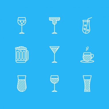 9 içecekler simgeler vektör Illustration. Suyu, kokteyl, limonata ve diğer öğeleri düzenlenebilir paketi.