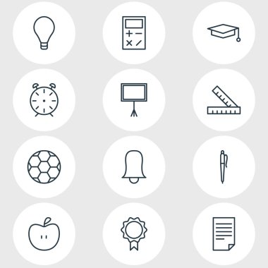 12 çalışmalar simgeler vektör Illustration. Düzenlenebilir paket metre, Cap, ampul ve diğer öğeleri.