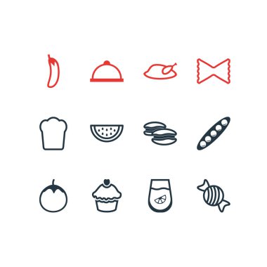 12 yemek simgeler vektör Illustration. Bisküvi, kek, patlıcan ve diğer öğeleri düzenlenebilir paketi.