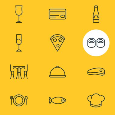 12 yeme simgeler vektör Illustration. Gıda, tepsi, pastırma ve diğer öğeleri düzenlenebilir paketi.